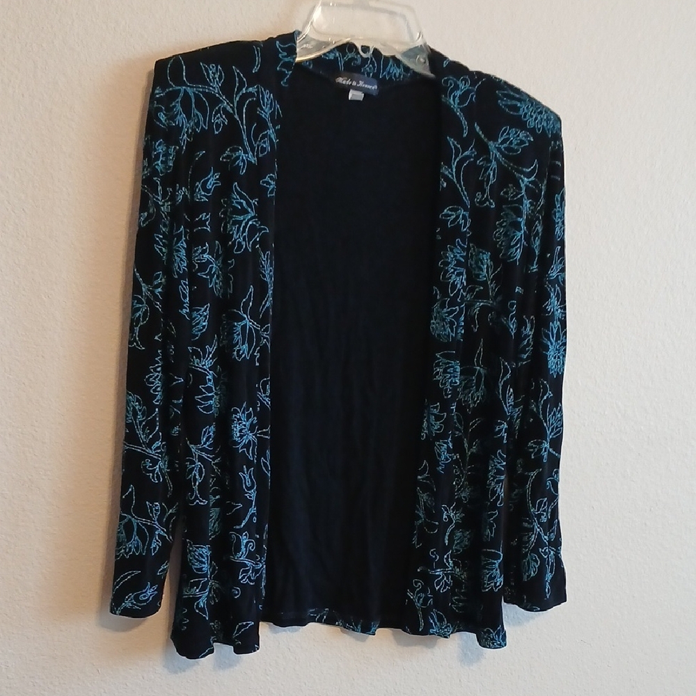Made in Heaven Open Front Jacket Black Teal Embroidery Size S